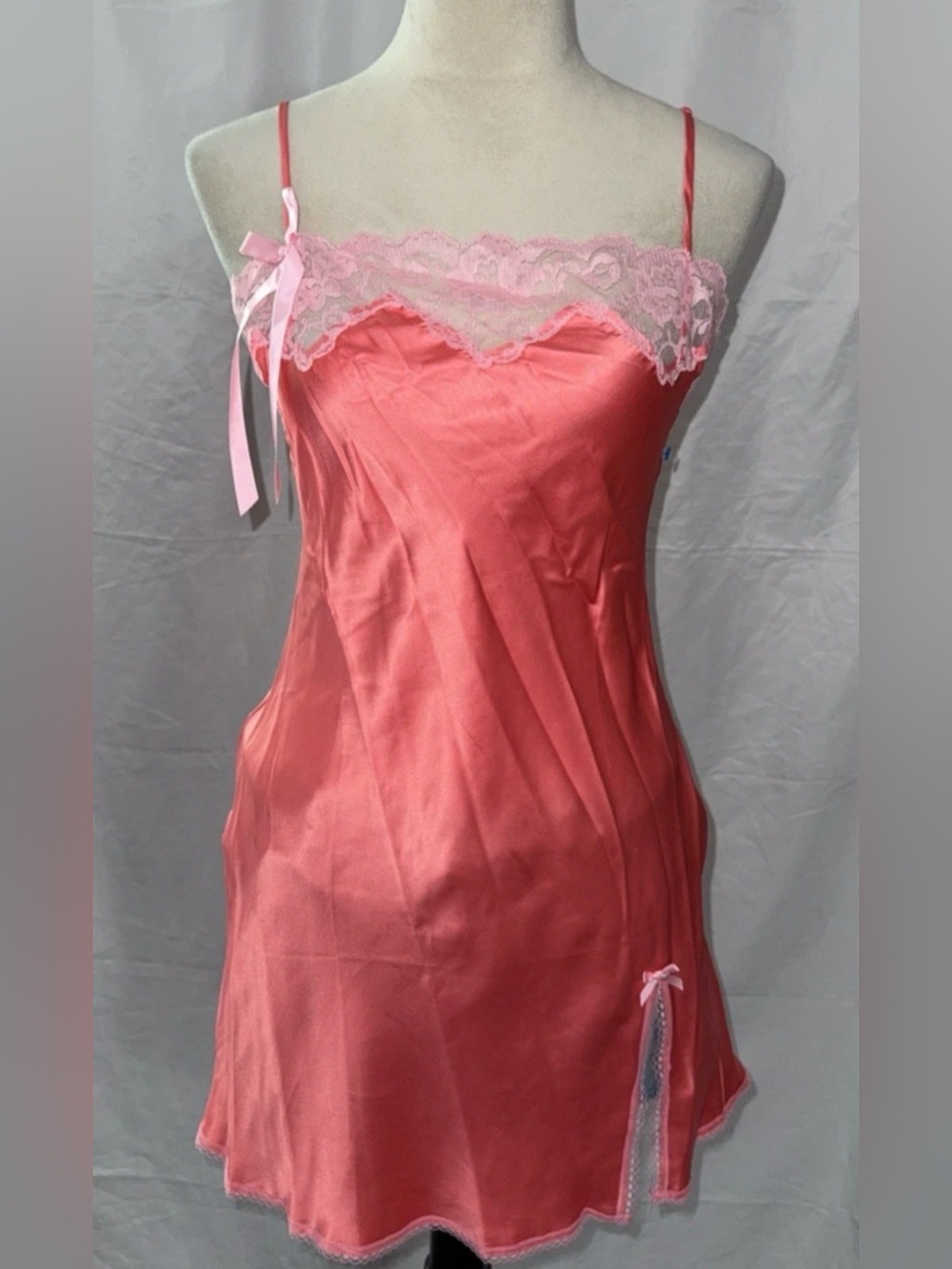 Victoria's Secret Coral Satin Chemise with Pink Lace Trim